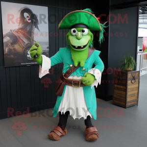 Green Pirate mascot costume character dressed with a Shift Dress and Messenger bags