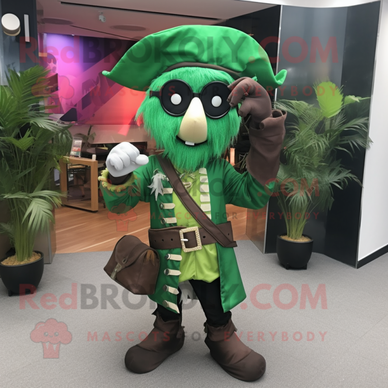 Green Pirate mascot costume character dressed with a Shift Dress and Messenger bags