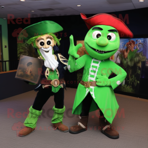 Green Pirate mascot costume character dressed with a Shift Dress and Messenger bags