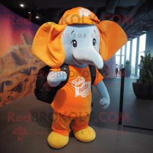 Orange Elephant mascot costume character dressed with a Graphic Tee and Backpacks