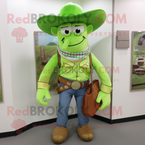 Lime Green Cowboy mascot costume character dressed with a Polo Tee and Messenger bags