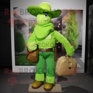 Lime Green Cowboy mascot costume character dressed with a Polo Tee and Messenger bags