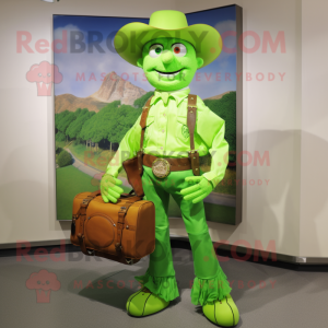 Lime Green Cowboy mascot costume character dressed with a Polo Tee and Messenger bags