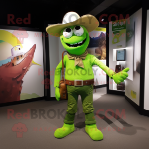 Lime Green Cowboy mascot costume character dressed with a Polo Tee and Messenger bags