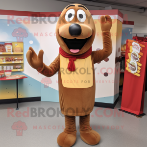 Brown Hot Dogs mascot costume character dressed with a Sweater and Lapel pins