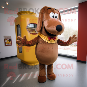 Brown Hot Dogs mascot costume character dressed with a Sweater and Lapel pins