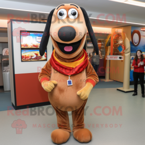 Brown Hot Dogs mascot costume character dressed with a Sweater and Lapel pins
