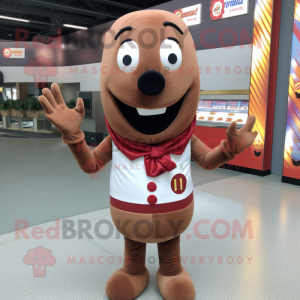 Brown Hot Dogs mascot costume character dressed with a Sweater and Lapel pins