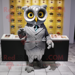 Silver Owl mascot costume character dressed with a Suit and Coin purses