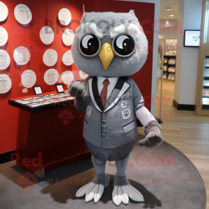 Silver Owl mascot costume character dressed with a Suit and Coin purses