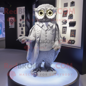 Silver Owl mascot costume character dressed with a Suit and Coin purses