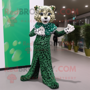 Forest Green Leopard mascot costume character dressed with a Evening Gown and Foot pads