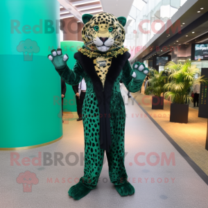 Forest Green Leopard mascot costume character dressed with a Evening Gown and Foot pads