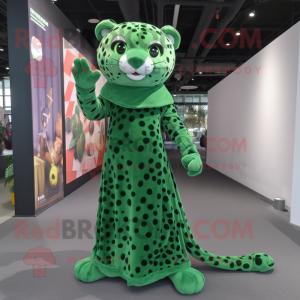 Forest Green Leopard mascot costume character dressed with a Evening Gown and Foot pads