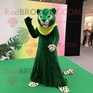 Forest Green Leopard mascot costume character dressed with a Evening Gown and Foot pads