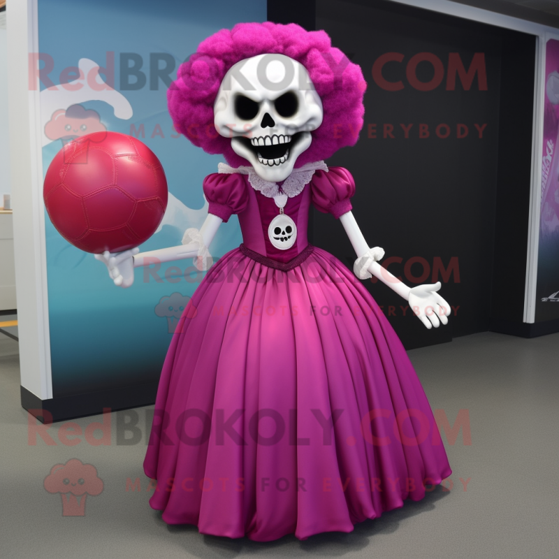 Magenta Skull mascot costume character dressed with a Ball Gown and Cufflinks