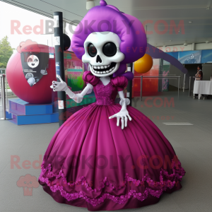 Magenta Skull mascot costume character dressed with a Ball Gown and Cufflinks