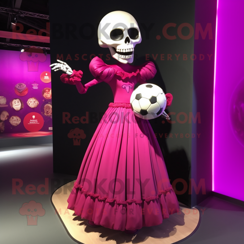 Magenta Skull mascot costume character dressed with a Ball Gown and Cufflinks Magenta Skull mascot costume character dressed with a Ball Gown and Cufflinks