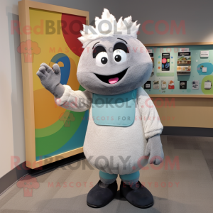 Gray Television mascot costume character dressed with a Dress Pants and Mittens