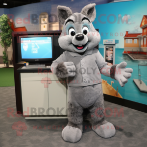 Gray Television mascot costume character dressed with a Dress Pants and Mittens