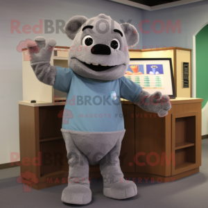 Gray Television mascot costume character dressed with a Dress Pants and Mittens
