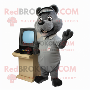 Gray Television mascot costume character dressed with a Dress Pants and Mittens