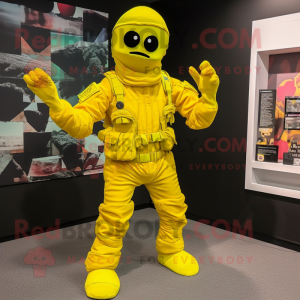 Yellow Para Commando mascot costume character dressed with a Playsuit and Foot pads