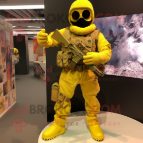 Yellow Para Commando mascot costume character dressed with a Playsuit and Foot pads