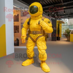 Yellow Para Commando mascot costume character dressed with a Playsuit and Foot pads