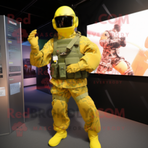 Yellow Para Commando mascot costume character dressed with a Playsuit and Foot pads