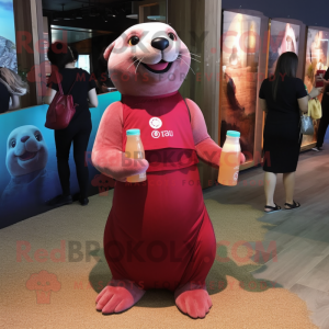 Maroon Sea Lion mascot costume character dressed with a Cocktail Dress and Tote bags