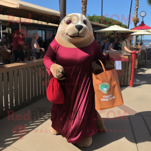 Maroon Sea Lion mascot costume character dressed with a Cocktail Dress and Tote bags