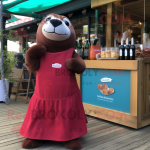 Maroon Sea Lion mascot costume character dressed with a Cocktail Dress and Tote bags