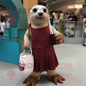 Maroon Sea Lion mascot costume character dressed with a Cocktail Dress and Tote bags
