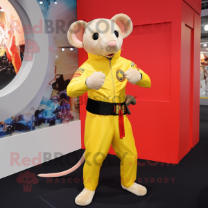 Yellow Rat mascot costume character dressed with a Rash Guard and Belts