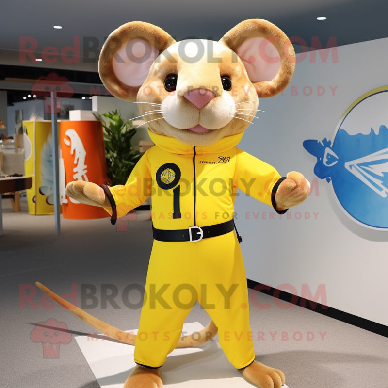 Yellow Rat mascot costume character dressed with a Rash Guard and Belts