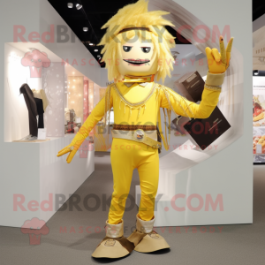 Gold Knife Thrower mascot costume character dressed with a Blouse and Handbags