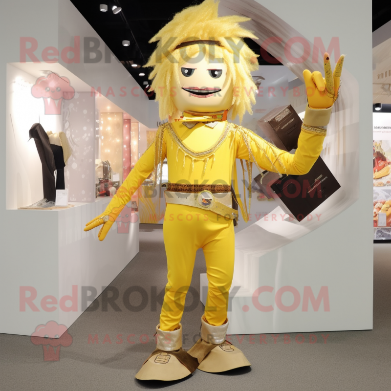 Gold Knife Thrower mascot costume character dressed with a Blouse and Handbags Gold Knife Thrower mascot costume character dressed with a Blouse and Handbags