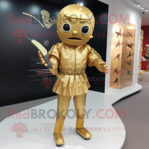 Gold Knife Thrower mascot costume character dressed with a Blouse and Handbags