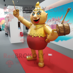 Gold Knife Thrower mascot costume character dressed with a Blouse and Handbags