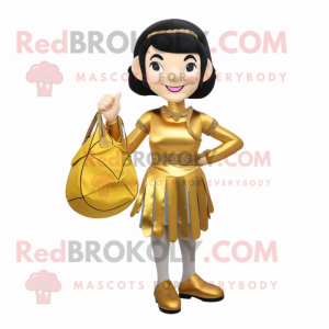 Gold Knife Thrower mascot costume character dressed with a Blouse and Handbags