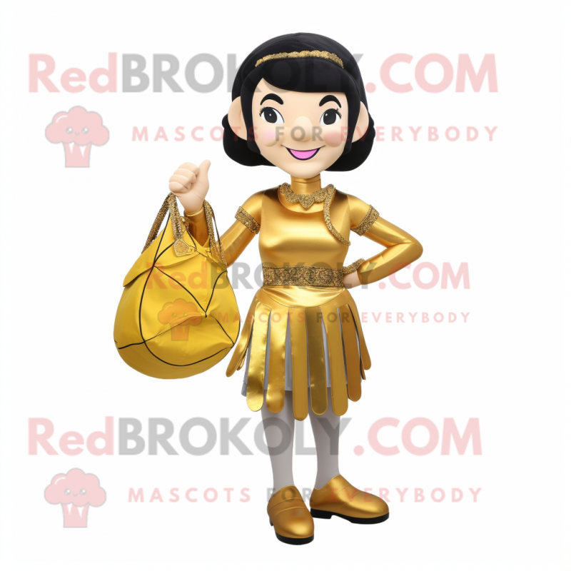Gold Knife Thrower mascot costume character dressed with a Blouse and Handbags Gold Knife Thrower mascot costume character dressed with a Blouse and Handbags