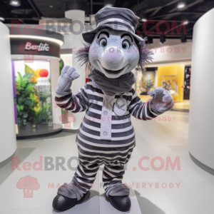 Gray Zebra mascot costume character dressed with a Waistcoat and Caps
