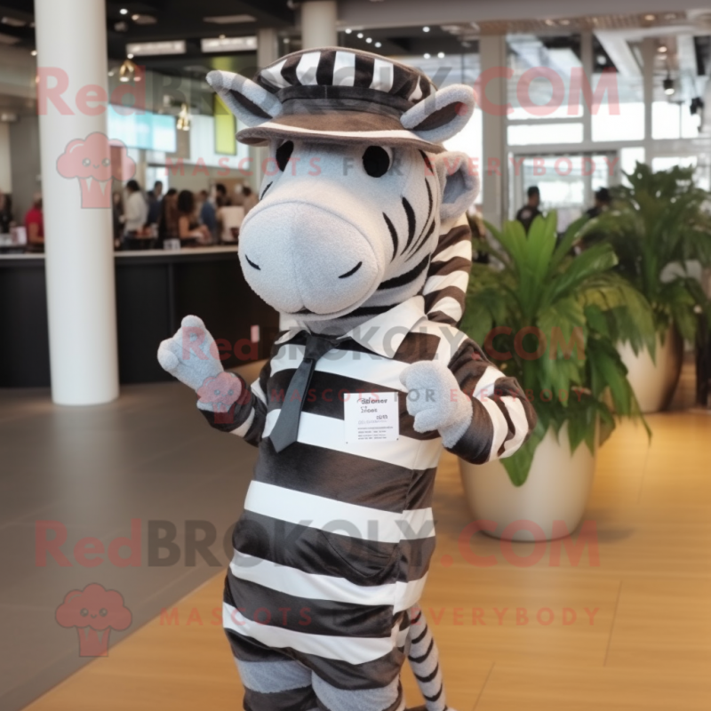 Gray Zebra mascot costume character dressed with a Waistcoat and Caps