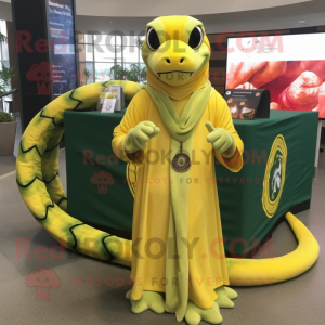 Lemon Yellow Python mascot costume character dressed with a Cover-up and Bracelets