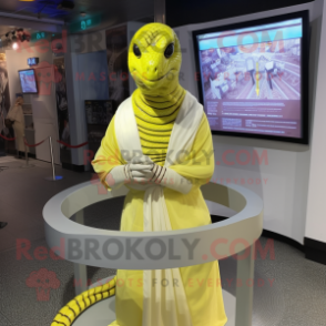 Lemon Yellow Python mascot costume character dressed with a Cover-up and Bracelets