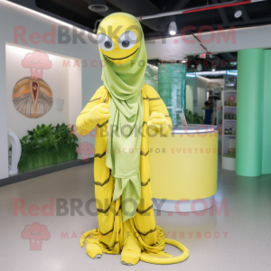 Lemon Yellow Python mascot costume character dressed with a Cover-up and Bracelets