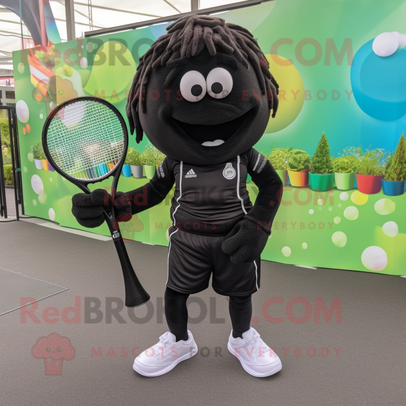 Black Tennis Racket mascot costume character dressed with a Joggers and Anklets