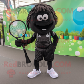 Black Tennis Racket mascot costume character dressed with a Joggers and Anklets