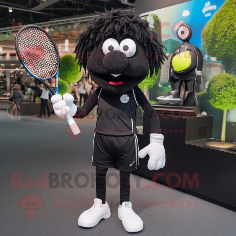 Black Tennis Racket mascot costume character dressed with a Joggers and Anklets Black Tennis Racket mascot costume character dressed with a Joggers and Anklets